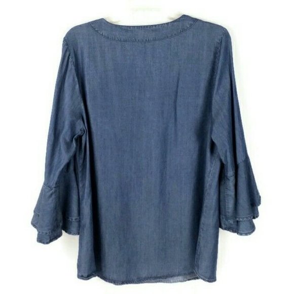 Zac And Rachel Blue Tencel Chambray 3/4 Ruffled Bell Sleeve Blouse Womens Large - Picture 2 of 11
